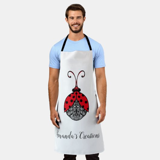 赤い黒と白の線もつれladybug エプロン (着用した状態)