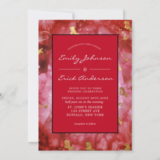 赤い黒と金ゴールドのアゲート結婚ト結晶 招待状 (正面)