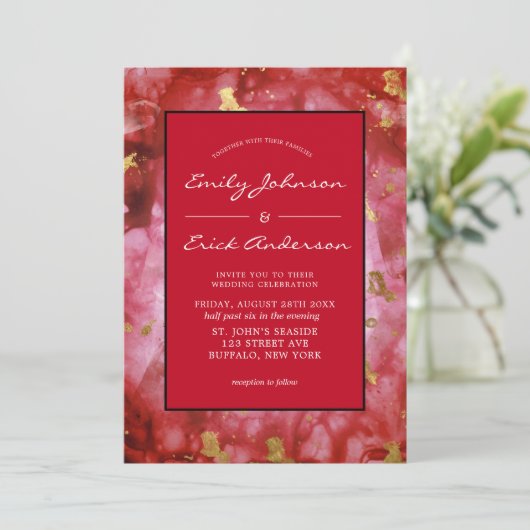 赤い黒と金ゴールドのアゲート結婚ト結晶 招待状 (スタンド正面)