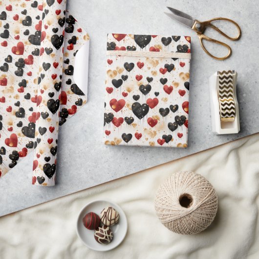 赤い黒と金ゴールドのハートバルーン ラッピングペーパー (クラフト)