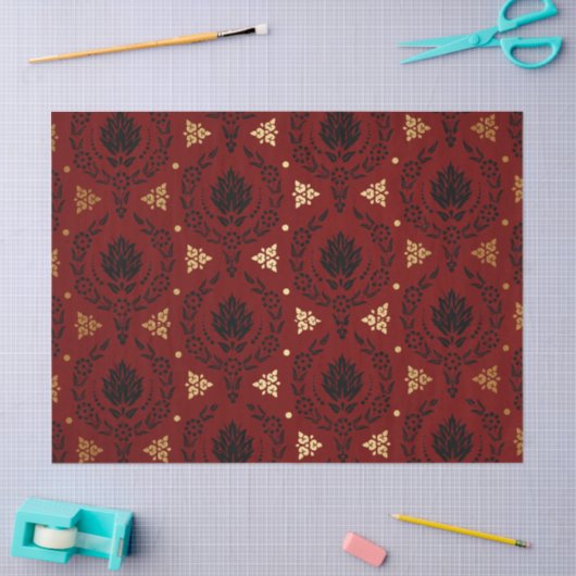 赤い黒と金ゴールドの円パターン（の模様が）ある切り 薄葉紙 (クラフト)