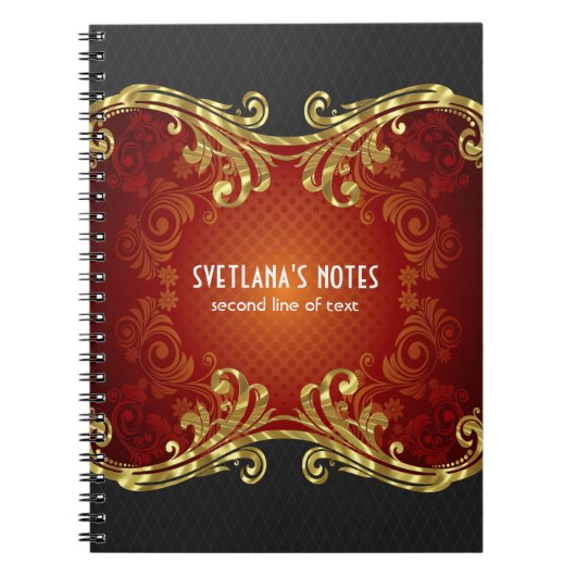 赤い黒と金ゴールドトーンのヴィンテージ渦巻き – テンプレート ノートブック (正面)