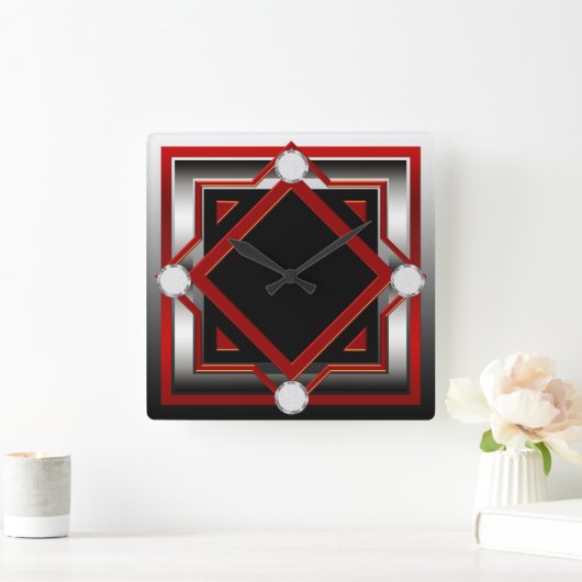 赤い黒と銀の色調の壁時計 スクエア壁時計 (ホーム)