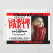 赤い黒のスクールカラー写真卒業 招待状 (正面)