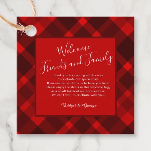 赤い黒のスコティッシュタータンチェック結婚のパターン フェイバータグ (正面)