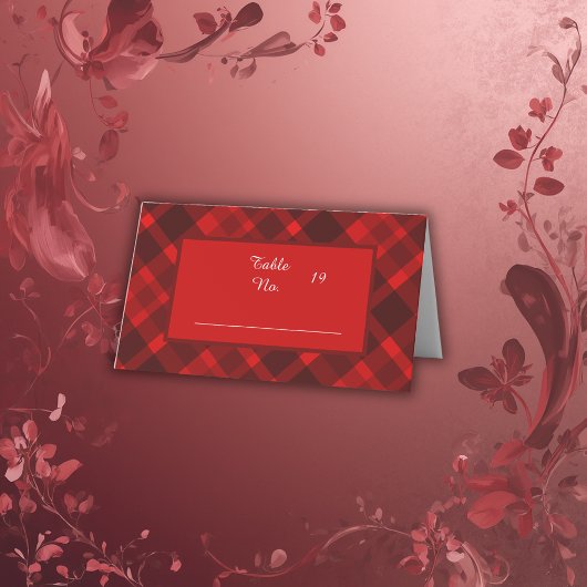 赤い黒のスコティッシュタータンチェック結婚のパターン プレイスカード