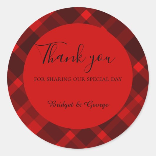 赤い黒のスコティッシュタータンチェック結婚のパターン ラウンドシール (正面)
