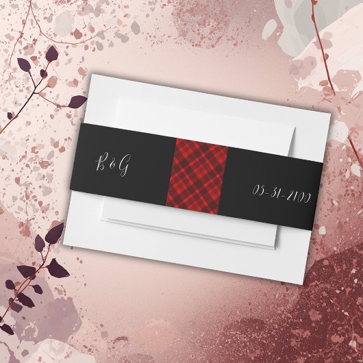 赤い黒のスコティッシュタータンチェック結婚のパターン 招待状ベリーバンド