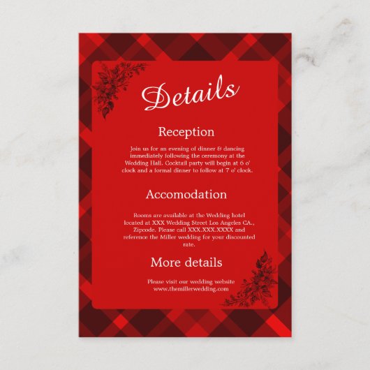 赤い黒のスコティッ結婚トの模様 エンクロージャーカード (正面)