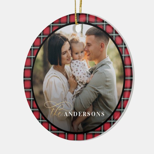 赤い黒のタータンチェック写真のパーソナライズされたクリスマス セラミックオーナメント (左)