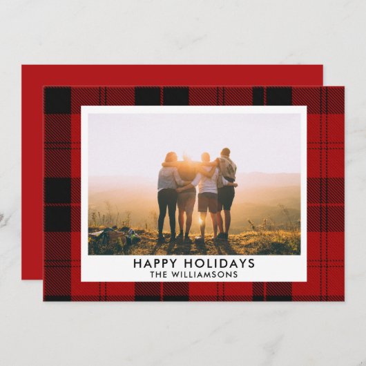 赤い黒のタータンチェック名前をカスタムするフォトメッセージ シーズンカード (正面/裏面)