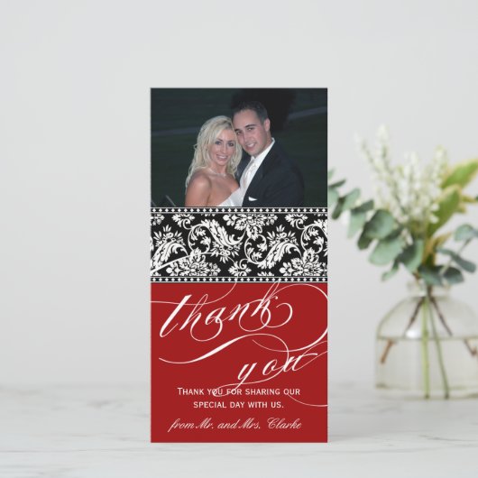 赤い黒のダマスク結婚式ありがとうフォトカード サンキューカード (スタンド正面)