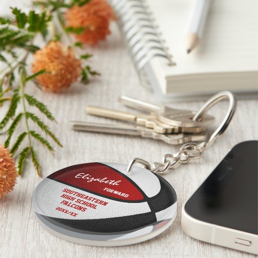 赤い黒のチームカラーがバスケットボールを守る キーホルダー (正面右)