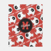 赤い黒のチームカラー私はサッカーの文字パターンが大好き フリースブランケット (正面)