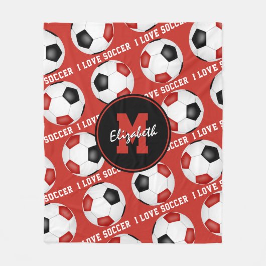 赤い黒のチームカラー私はサッカーの文字パターンが大好き フリースブランケット (正面)