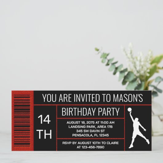 赤い黒のバスケットボール誕生日パーティシースボックスラベル 招待状 (スタンド正面)