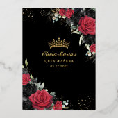 赤い黒のバラフローラキンセアニェラ日付を保存 箔招待状 (裏面)