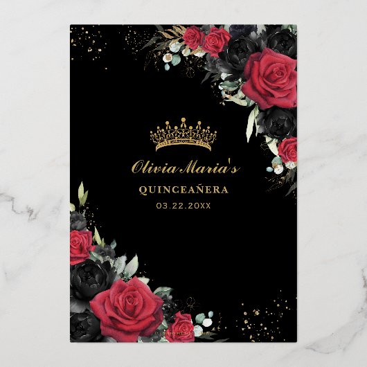 赤い黒のバラフローラキンセアニェラ日付を保存 箔招待状 (裏面)