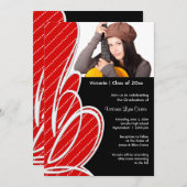 赤い黒のポルカの女の子の写真卒業 招待状 (正面/裏面)