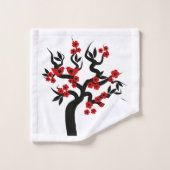 赤い黒の愛の鳥桜さくらんぼの木、花 バスタオルセット (ウォッシュタオル)