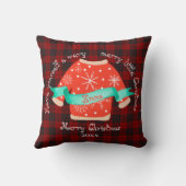 赤い黒の格子模様の醜いセーター可愛いメリークリスマス クッション (裏面)