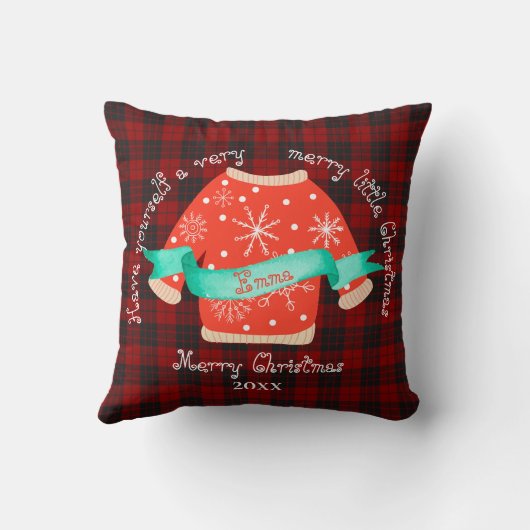 赤い黒の格子模様の醜いセーター可愛いメリークリスマス クッション (裏面)