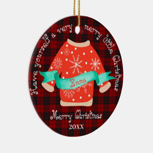 赤い黒の格子模様の醜いセーター可愛いメリークリスマス セラミックオーナメント (右)