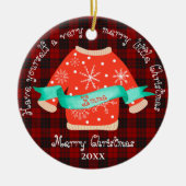 赤い黒の格子模様の醜いセーター可愛いメリークリスマス セラミックオーナメント (正面)