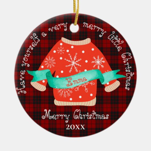 赤い黒の格子模様の醜いセーター可愛いメリークリスマス セラミックオーナメント (正面)