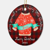 赤い黒の格子模様の醜いセーター可愛いメリークリスマス セラミックオーナメント (左)