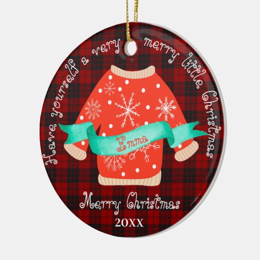 赤い黒の格子模様の醜いセーター可愛いメリークリスマス セラミックオーナメント (左)