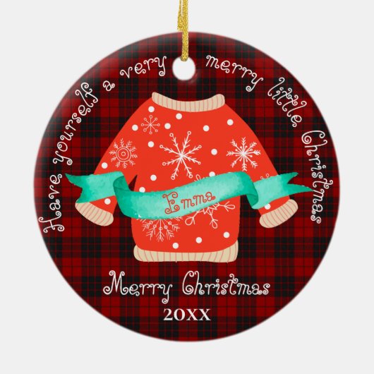 赤い黒の格子模様の醜いセーター可愛いメリークリスマス セラミックオーナメント (裏面)