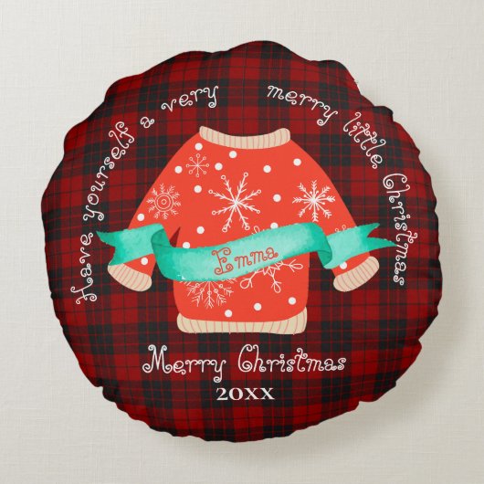 赤い黒の格子模様の醜いセーター可愛いメリークリスマス ラウンドクッション (裏面)