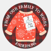 赤い黒の格子模様の醜いセーター可愛いメリークリスマス ラウンドシール (正面)