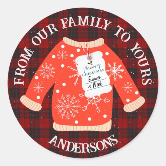 赤い黒の格子模様の醜いセーター可愛いメリークリスマス ラウンドシール (正面)