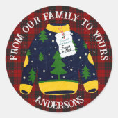 赤い黒の格子模様の醜いセーター可愛いメリークリスマス ラウンドシール (正面)