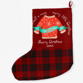 赤い黒の格子模様の醜いセーター可愛いメリークリスマス ラージクリスマスストッキング (裏面)