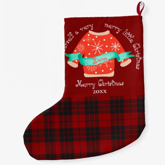 赤い黒の格子模様の醜いセーター可愛いメリークリスマス ラージクリスマスストッキング (裏面)