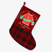 赤い黒の格子模様の醜いセーター可愛いメリークリスマス ラージクリスマスストッキング (正面 (吊り時))