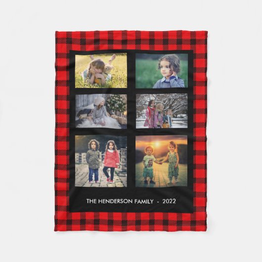 赤い黒の格子縞の家族モノグラム写真コラージュ フリースブランケット (正面)