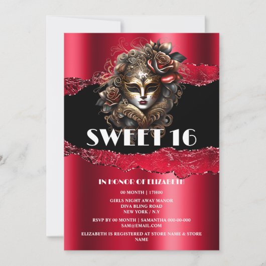 赤い黒の甘い16女の子の仮装マスク3Dガラス 招待状 (正面)