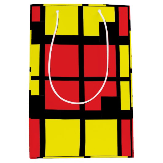 赤い黒の黄色い正方形の幾何学的パターン ミディアムペーパーバッグ (正面)