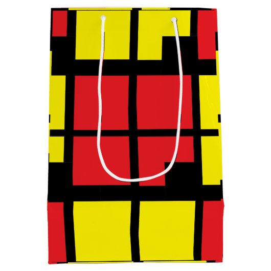 赤い黒の黄色い正方形の幾何学的パターン ミディアムペーパーバッグ (裏面)