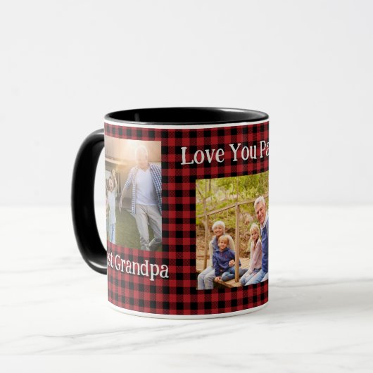 赤い黒モダン水牛のプレイドチェック写真コラージュ マグカップ (正面左)