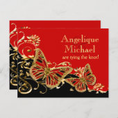 赤い黒結婚色の金ゴールドの「日付を保存」 案内ポストカード (正面/裏面)