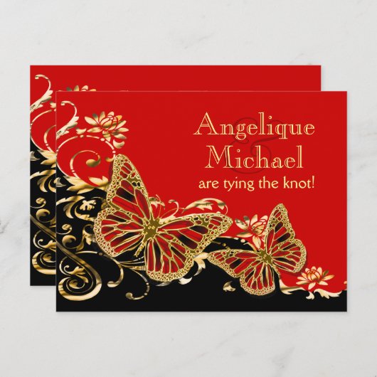 赤い黒結婚色の金ゴールドの「日付を保存」 案内ポストカード (正面/裏面)