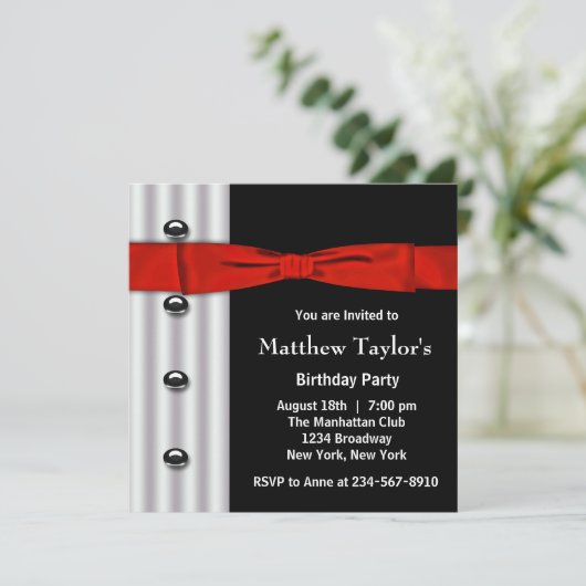 赤い黒Tuxedoボウタイメンス誕生日パーティーの招待 招待状 (スタンド正面)