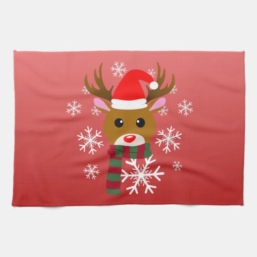 赤い鼻のトナカイの白いクリスマスルドルフ キッチンタオル (横)