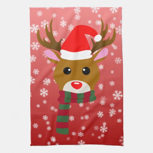 赤い鼻のトナカイの白いクリスマスルドルフ キッチンタオル (縦)