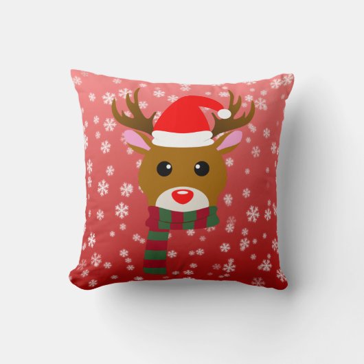 赤い鼻のトナカイの白いクリスマスルドルフ クッション (正面)